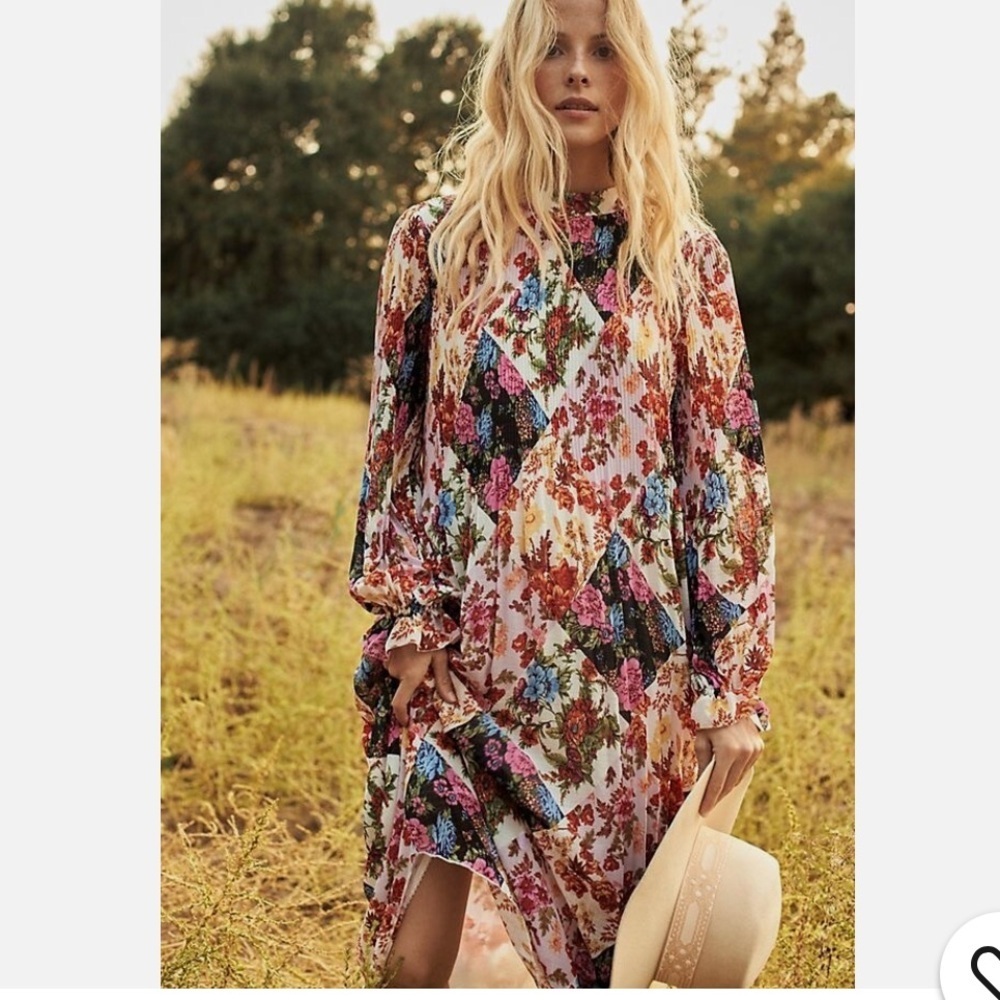 Anthropologie Maeve Shara Pleated Midi Dress Floral Sz S Long-sleeve